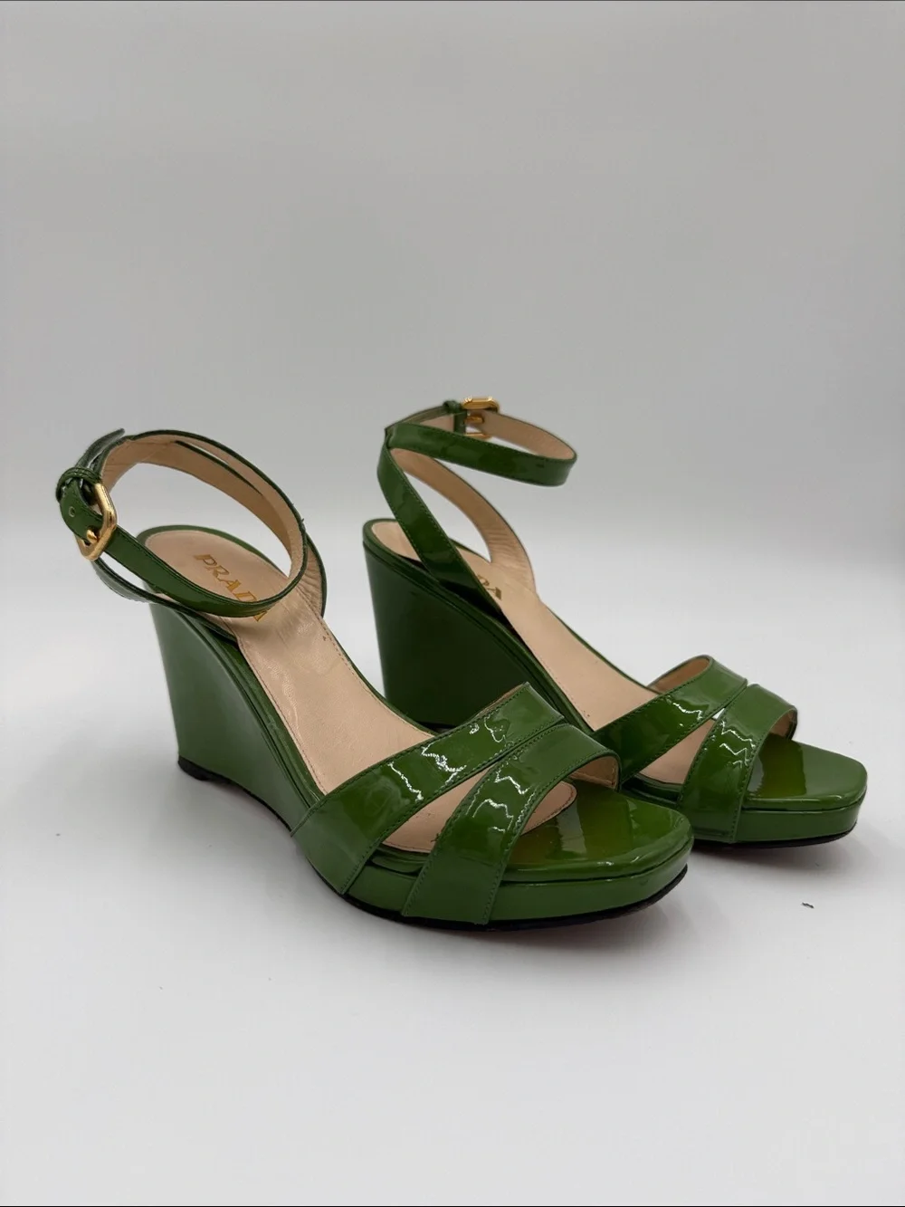 Prada Patent Green Wedge Sandals with Ankle Strap